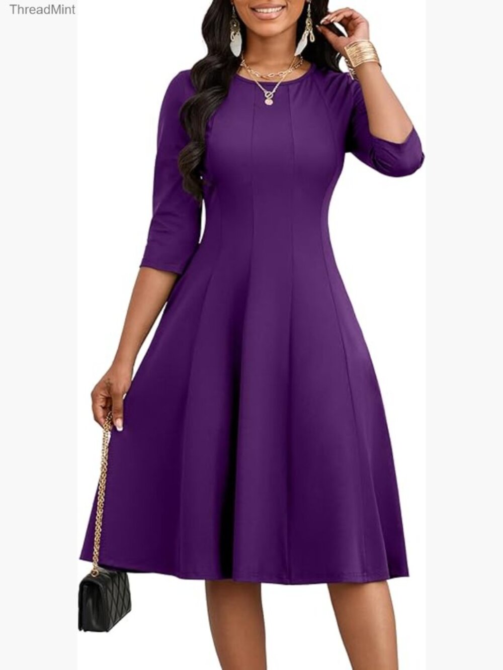 Casual A-Line Midi Dress with Pockets 3/4 Sleeve Crew Neck Flowy